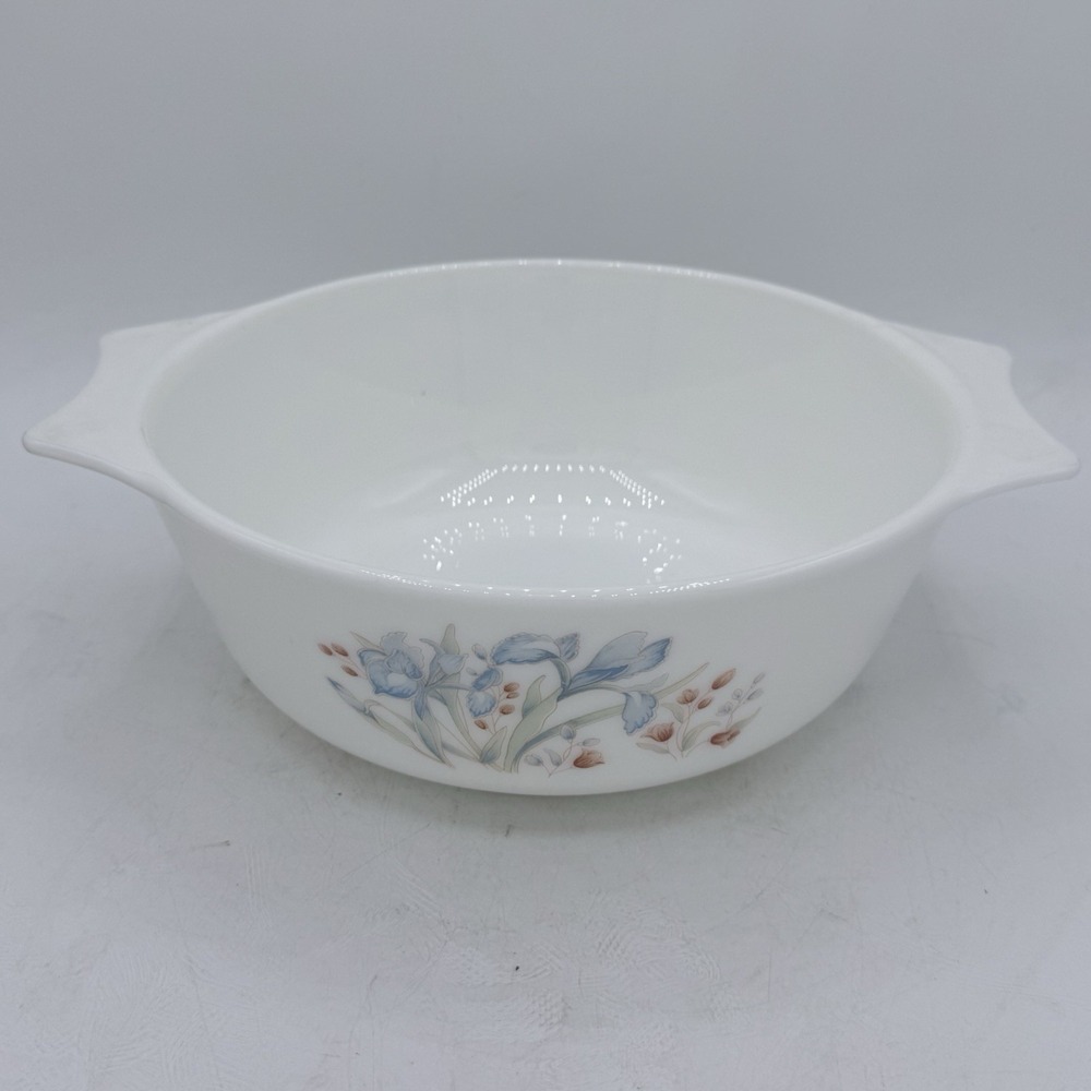 PYREX Casserole Dish Blue Iris Flowers 8" Made in England 8 Cup Vintage